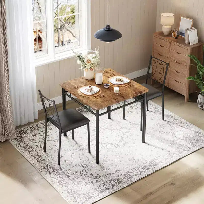 Ensemble table de salle à manger 3 pièces de style campagnard pour 2 personnes, table de cuisine en bois avec chaises rembourrées, peu encombrant pour petit appartement