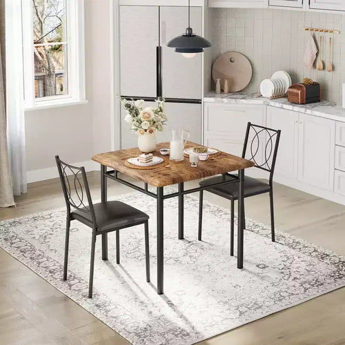 3-Piece Farmhouse Dining Table Set for 2, Wood Kitchen Table with Upholstered Chairs, Space-Saving for Small Apartment