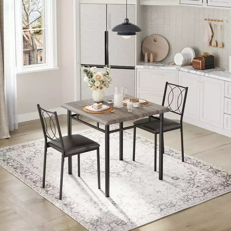 Ensemble table de salle à manger 3 pièces de style campagnard pour 2 personnes, table de cuisine en bois avec chaises rembourrées, peu encombrant pour petit appartement