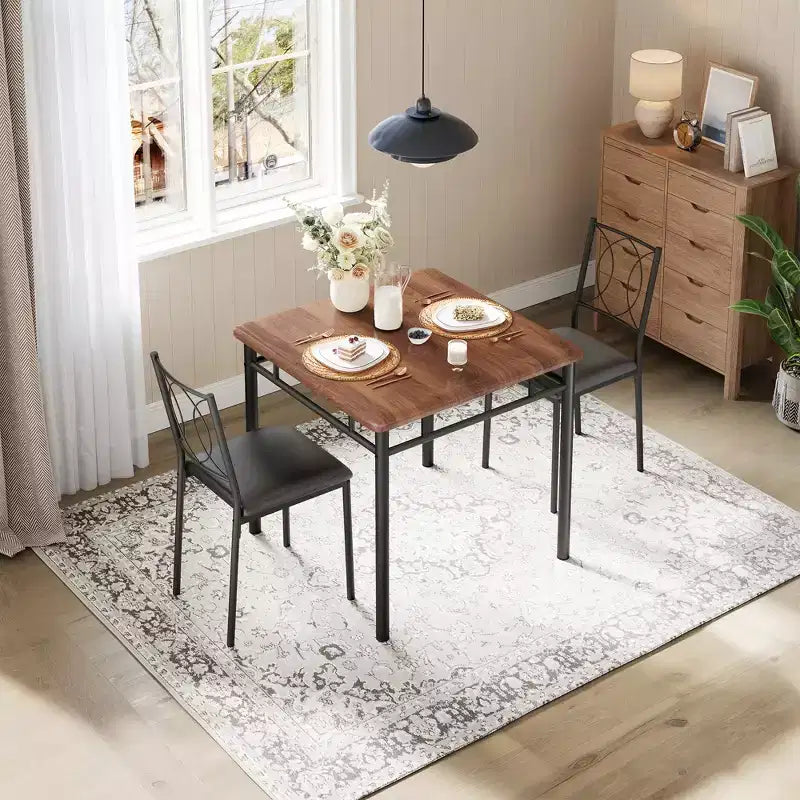 Ensemble table de salle à manger 3 pièces de style campagnard pour 2 personnes, table de cuisine en bois avec chaises rembourrées, peu encombrant pour petit appartement