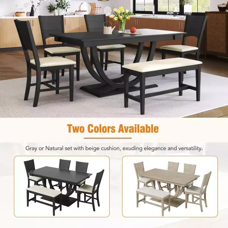 Ensemble de salle à manger 6 pièces pour 6 personnes, ensemble de table de cuisine familiale avec chaises de salle à manger et banc rembourrés ergonomiques - ModernLuxe