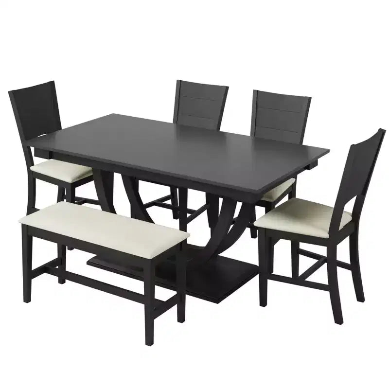 Ensemble de salle à manger 6 pièces pour 6 personnes, ensemble de table de cuisine familiale avec chaises de salle à manger et banc rembourrés ergonomiques - ModernLuxe