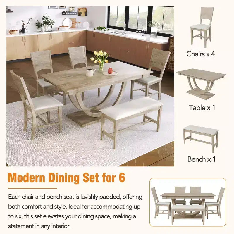 Ensemble de salle à manger 6 pièces pour 6 personnes, ensemble de table de cuisine familiale avec chaises de salle à manger et banc rembourrés ergonomiques - ModernLuxe
