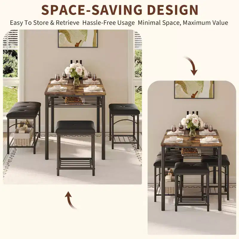 Ensemble table à manger pour 4 personnes, table et chaises de cuisine modernes avec structure en métal et plateau en bois, meubles de salle à manger peu encombrants pour appartements et petits espaces