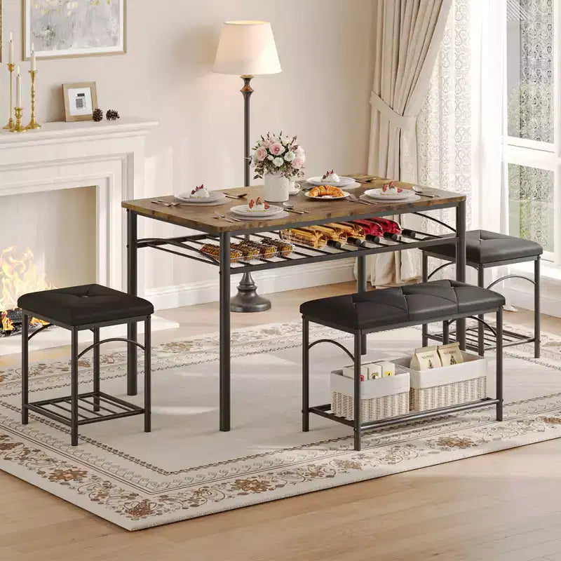 Ensemble table à manger pour 4 personnes, table et chaises de cuisine modernes avec structure en métal et plateau en bois, meubles de salle à manger peu encombrants pour appartements et petits espaces
