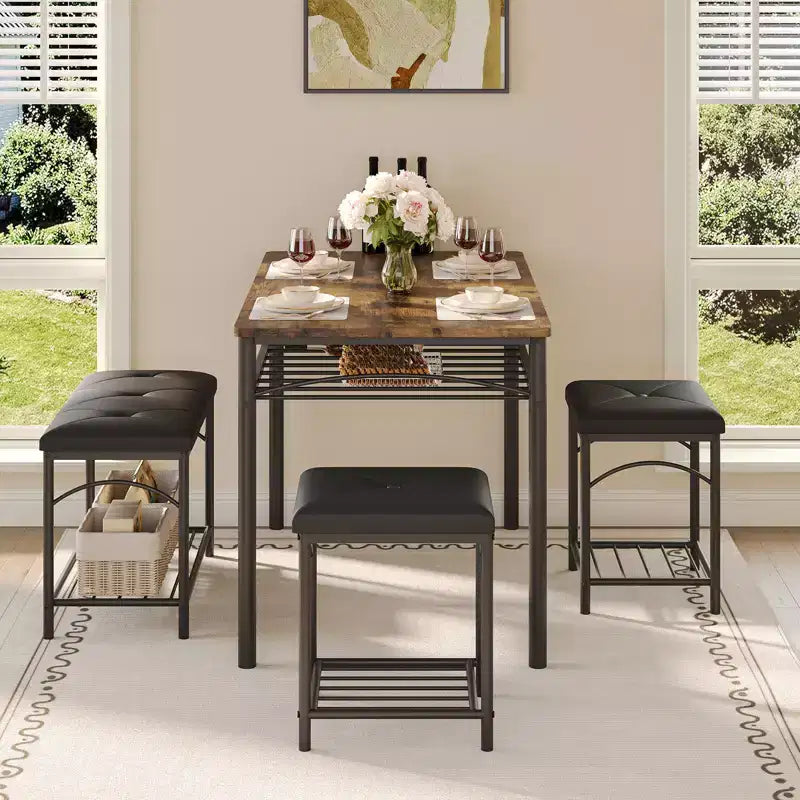 Ensemble table à manger pour 4 personnes, table et chaises de cuisine modernes avec structure en métal et plateau en bois, meubles de salle à manger peu encombrants pour appartements et petits espaces
