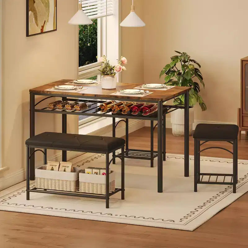 Ensemble table à manger pour 4 personnes, table et chaises de cuisine modernes avec structure en métal et plateau en bois, meubles de salle à manger peu encombrants pour appartements et petits espaces
