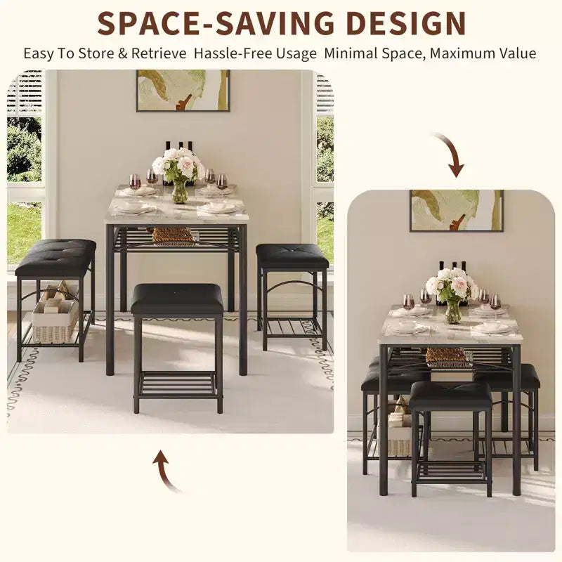 Ensemble table à manger pour 4 personnes, table et chaises de cuisine modernes avec structure en métal et plateau en bois, meubles de salle à manger peu encombrants pour appartements et petits espaces
