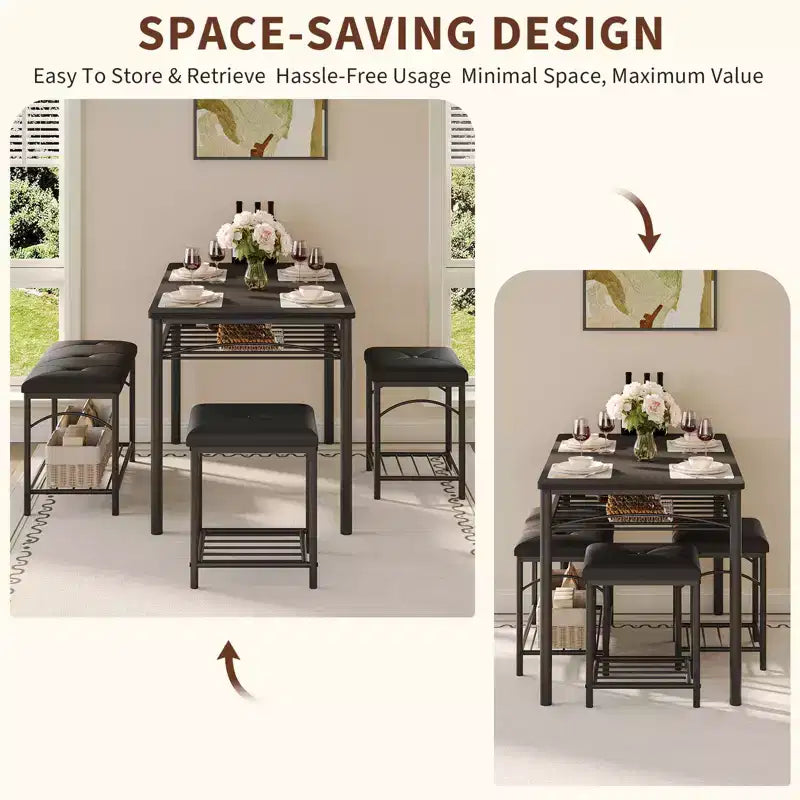 Ensemble table à manger pour 4 personnes, table et chaises de cuisine modernes avec structure en métal et plateau en bois, meubles de salle à manger peu encombrants pour appartements et petits espaces