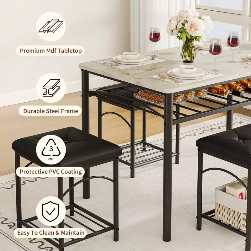 Ensemble table à manger pour 4 personnes, table et chaises de cuisine modernes avec structure en métal et plateau en bois, meubles de salle à manger peu encombrants pour appartements et petits espaces