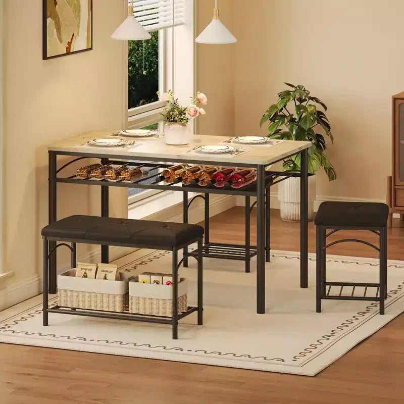 Ensemble table à manger pour 4 personnes, table et chaises de cuisine modernes avec structure en métal et plateau en bois, meubles de salle à manger peu encombrants pour appartements et petits espaces