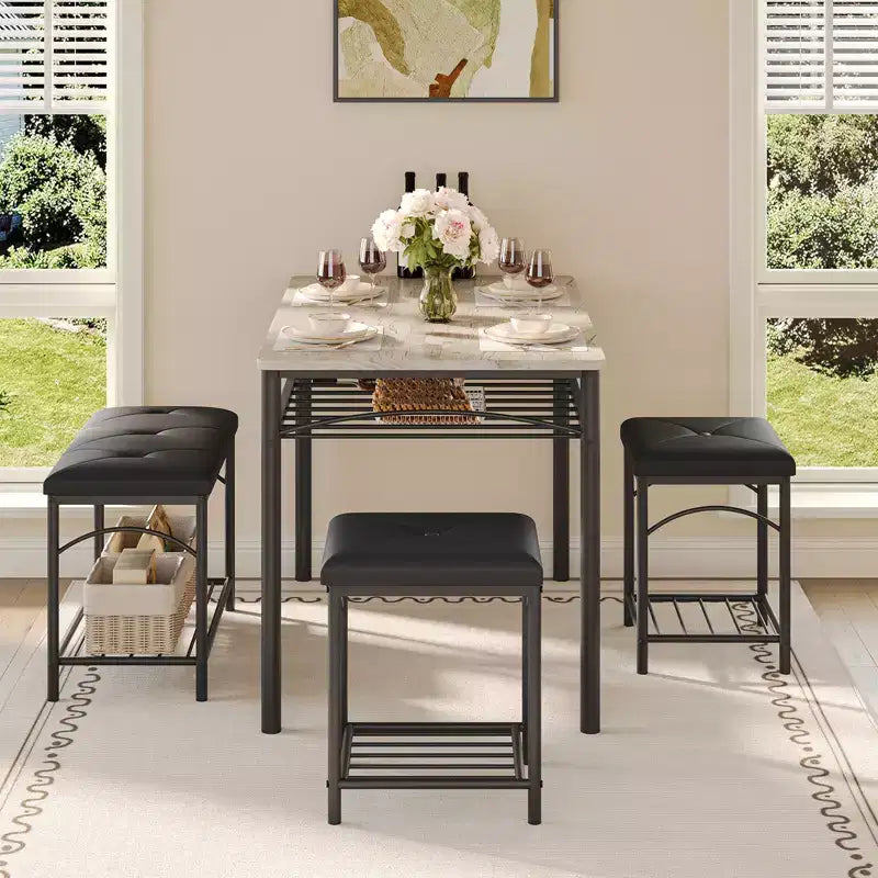 Ensemble table à manger pour 4 personnes, table et chaises de cuisine modernes avec structure en métal et plateau en bois, meubles de salle à manger peu encombrants pour appartements et petits espaces