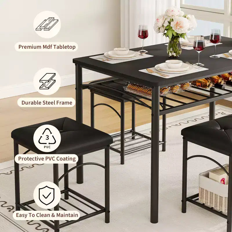 Ensemble table à manger pour 4 personnes, table et chaises de cuisine modernes avec structure en métal et plateau en bois, meubles de salle à manger peu encombrants pour appartements et petits espaces