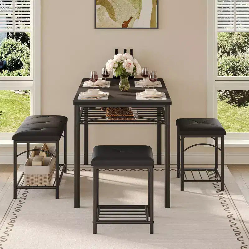 Ensemble table à manger pour 4 personnes, table et chaises de cuisine modernes avec structure en métal et plateau en bois, meubles de salle à manger peu encombrants pour appartements et petits espaces