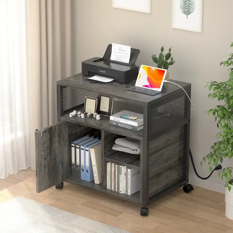 Meuble de classement mobile, classeurs de bureau latéraux avec station de recharge, support d'imprimante moderne sur roulettes