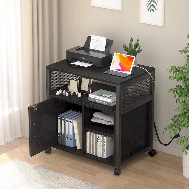 Meuble de classement mobile, classeurs de bureau latéraux avec station de recharge, support d'imprimante moderne sur roulettes