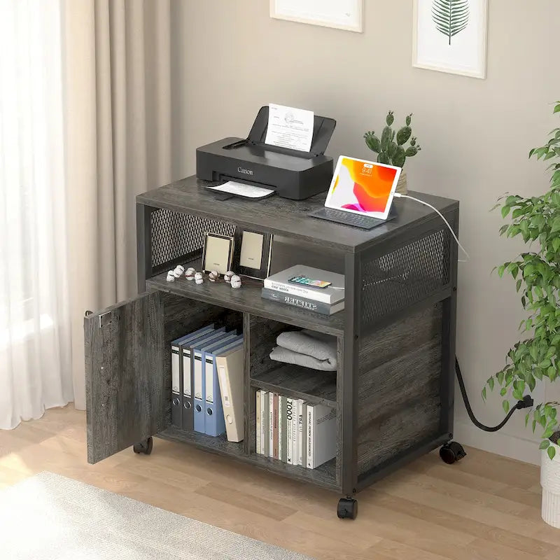Meuble de classement mobile, classeurs de bureau latéraux avec station de recharge, support d'imprimante moderne sur roulettes