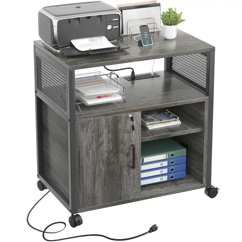 Meuble de classement mobile, classeurs de bureau latéraux avec station de recharge, support d'imprimante moderne sur roulettes