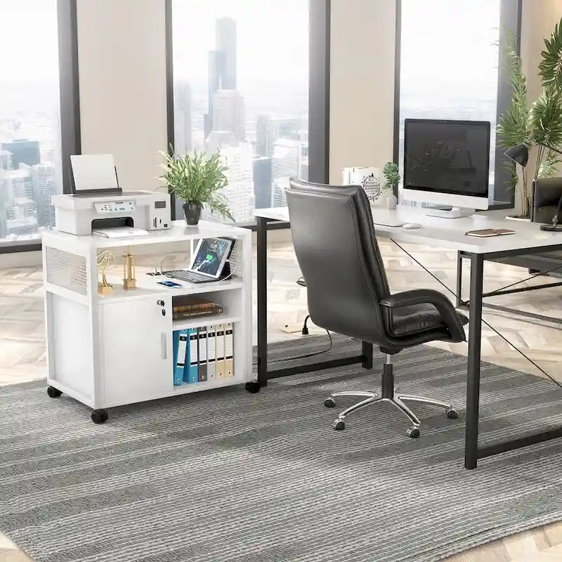 Meuble de classement mobile, classeurs de bureau latéraux avec station de recharge, support d'imprimante moderne sur roulettes