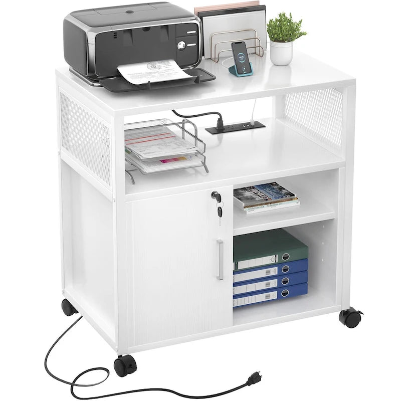 Meuble de classement mobile, classeurs de bureau latéraux avec station de recharge, support d'imprimante moderne sur roulettes