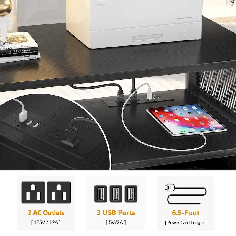 Meuble de classement mobile, classeurs de bureau latéraux avec station de recharge, support d'imprimante moderne sur roulettes