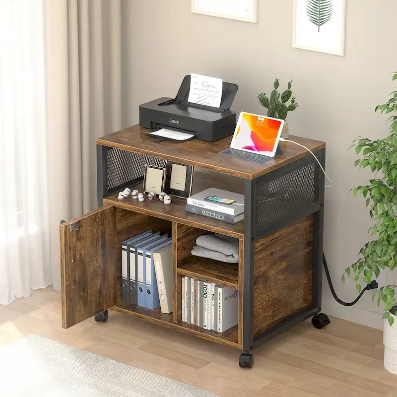 Meuble de classement mobile, classeurs de bureau latéraux avec station de recharge, support d'imprimante moderne sur roulettes