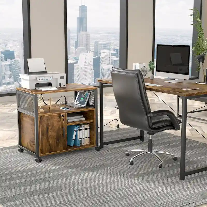 Meuble de classement mobile, classeurs de bureau latéraux avec station de recharge, support d'imprimante moderne sur roulettes