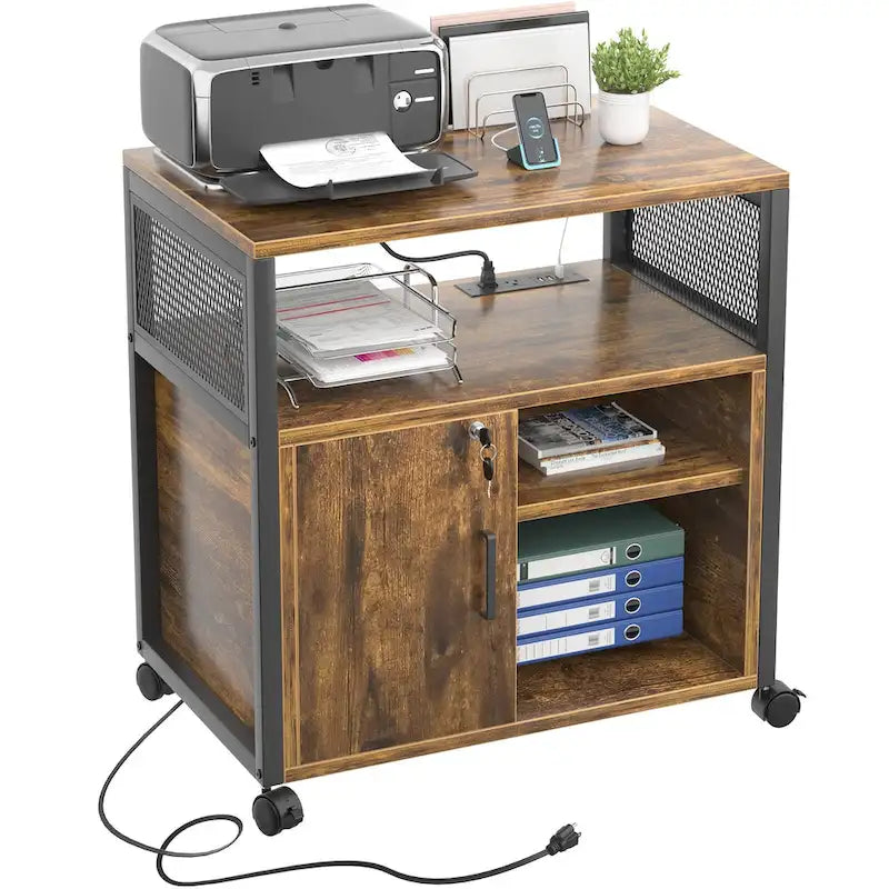 Meuble de classement mobile, classeurs de bureau latéraux avec station de recharge, support d'imprimante moderne sur roulettes