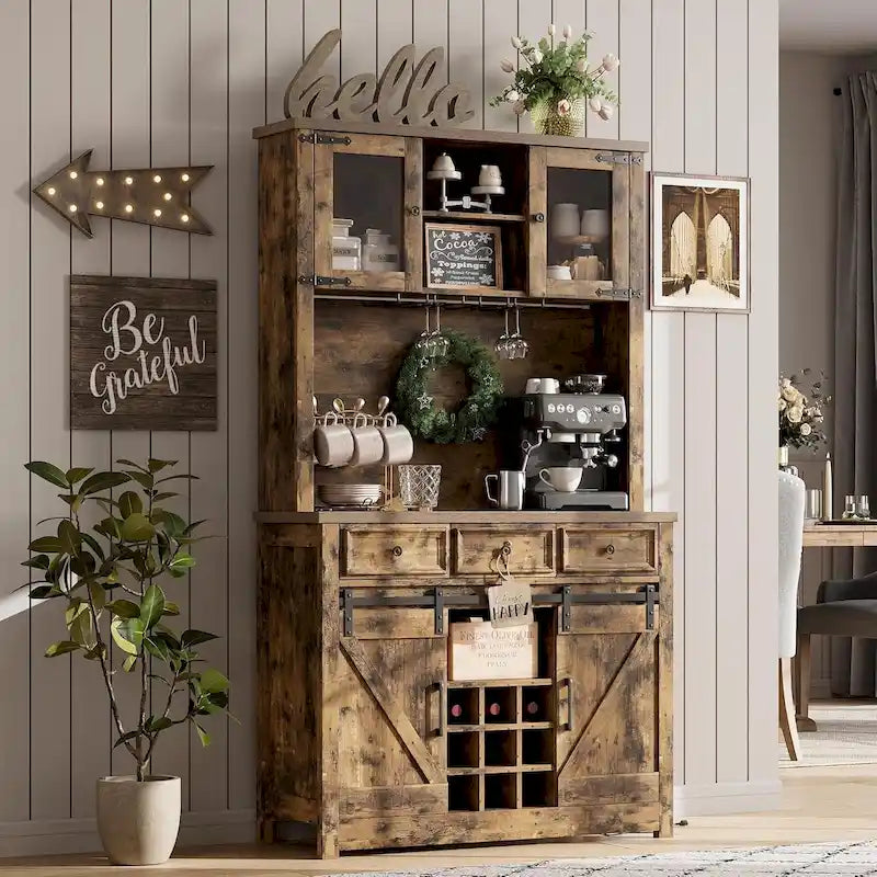 Meuble de bar à café de style ferme moderne avec lumières LED et prises de courant, meuble de cuisine