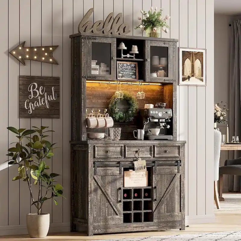Meuble de bar à café de style ferme moderne avec lumières LED et prises de courant, meuble de cuisine