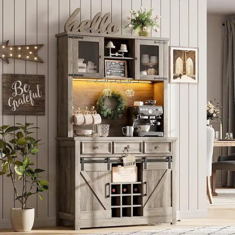 Meuble de bar à café de style ferme moderne avec lumières LED et prises de courant, meuble de cuisine