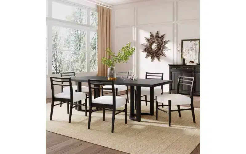 Ensemble de salle à manger 7 pièces Christopher Knight Home Mila, bois d'hévéa et revêtement en tissu, beige/noir