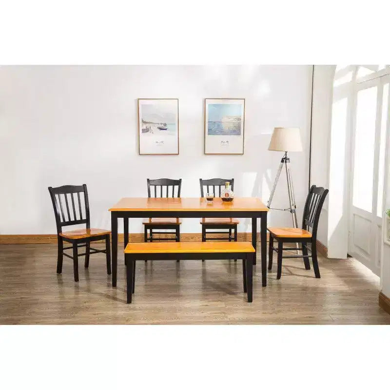 Boraam Ensemble de salle à manger 6 pièces Shaker Bois/Noir/Chêne : comprend un banc, style moderne du milieu du siècle, 6 places