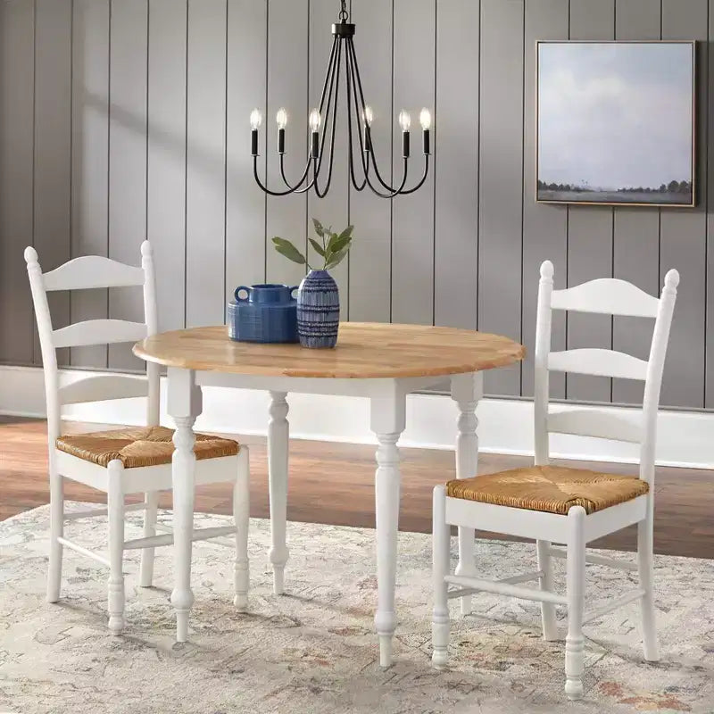 Buylateral Ensemble de salle à manger 3 pièces en bois et blanc avec table et 2 chaises à dossier ajouré : table ronde, deux chaises, design compact