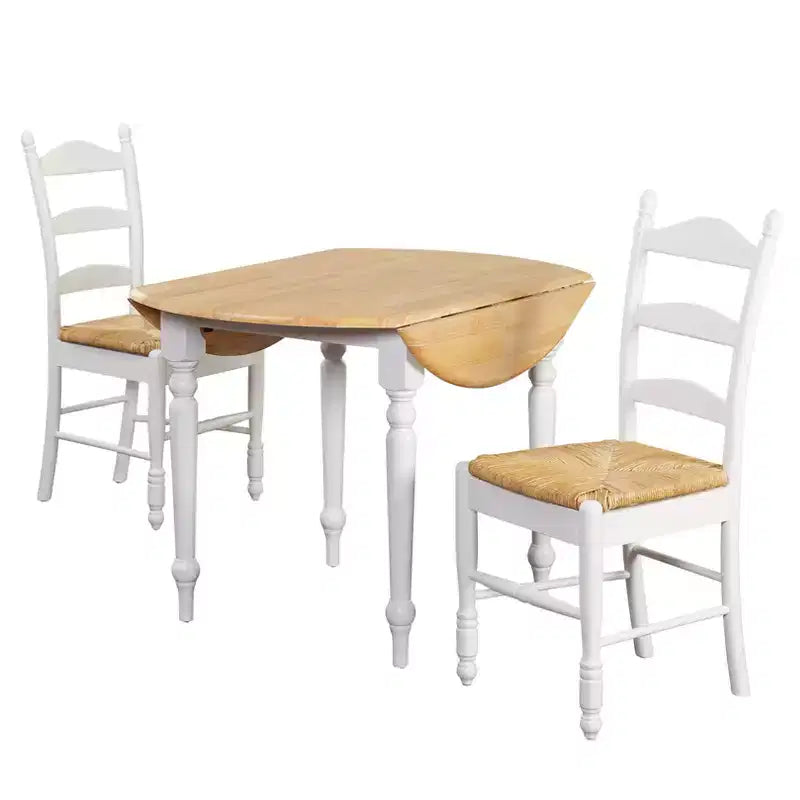 Buylateral Ensemble de salle à manger 3 pièces en bois et blanc avec table et 2 chaises à dossier ajouré : table ronde, deux chaises, design compact