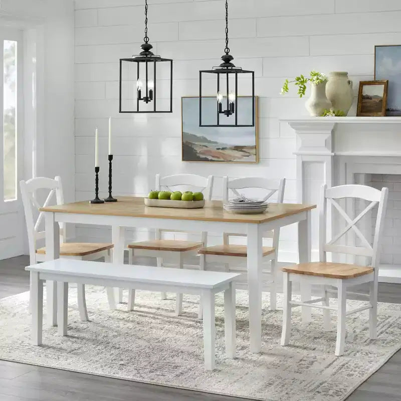 Ensemble de salle à manger rectangulaire 6 pièces Tiffany Farmhouse de Buylateral avec banc blanc/naturel