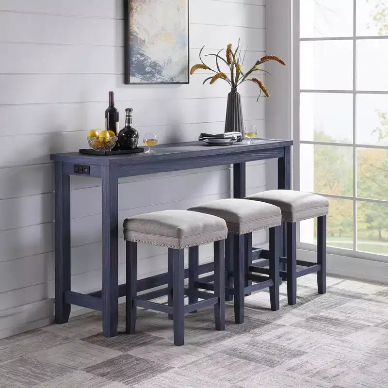 Ensemble de salle à manger 4 places Rockland hauteur comptoir bleu antique - HOMES: Inside + Out : port USB, tabourets rembourrés, piétement à tréteaux