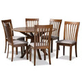 7pc Dining Set Wood & Lore Fabric Upholstered, Round Table, Foam-Padded Chairs - Baxton Studio