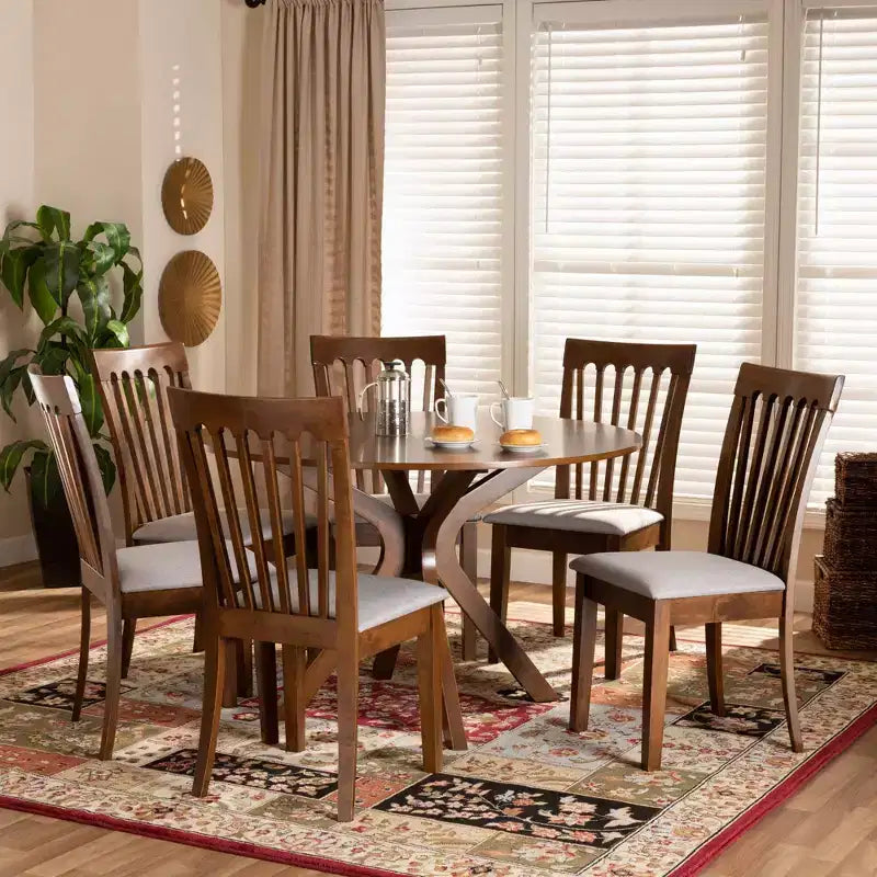 Ensemble de salle à manger 7 pièces, bois et tissu Lore capitonné, table ronde, chaises rembourrées en mousse - Baxton Studio