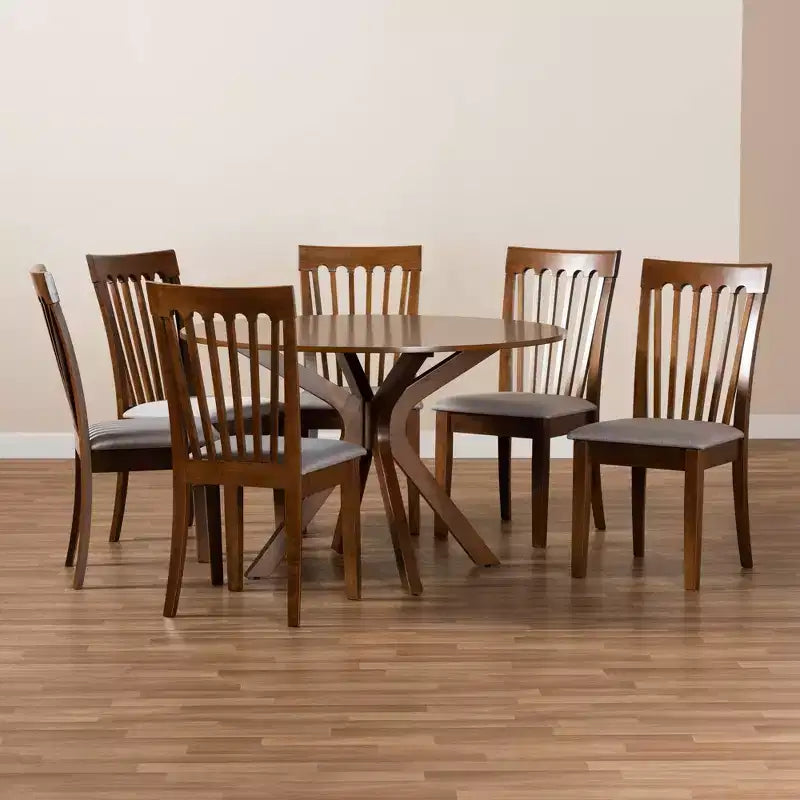 Ensemble de salle à manger 7 pièces, bois et tissu Lore capitonné, table ronde, chaises rembourrées en mousse - Baxton Studio