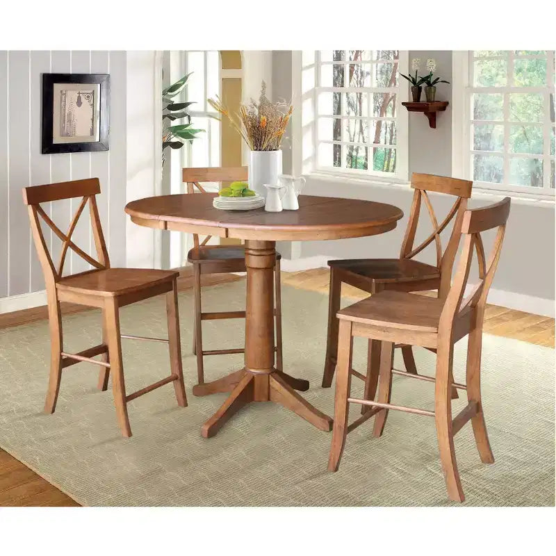 Table de salle à manger extensible ronde Ryan 36 po avec 4 tabourets à dossier X Chêne vieilli - International Concepts : Bois massif, mi-siècle, piètement central