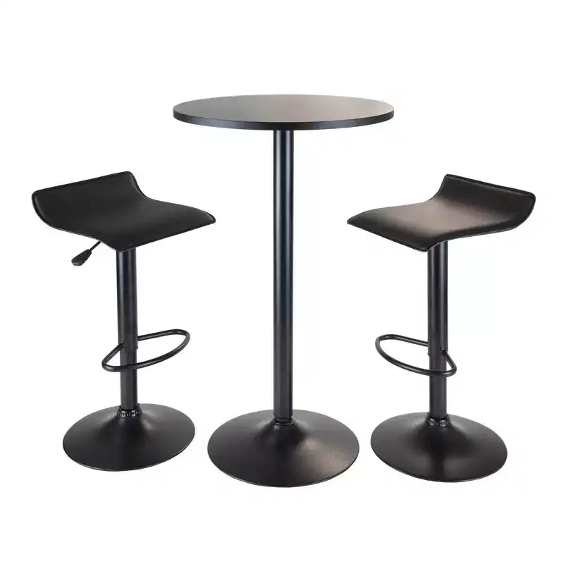 3pc Obsidian Bar Height Dining Set with Air Lift Adjustable Stools Wood/Black - Winsome: Modern Round Table, Faux Leather Seats