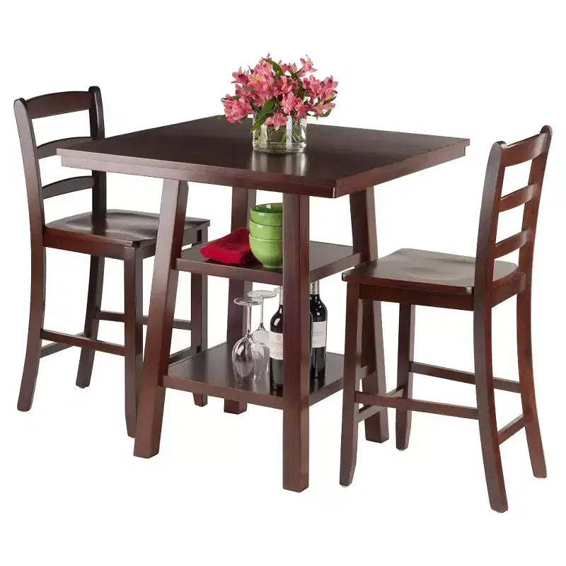 Ensemble de salle à manger 3 pièces Orlando avec 2 étagères, hauteur de comptoir Bois/Noyer - Winsome : Table de petit-déjeuner, design haut
