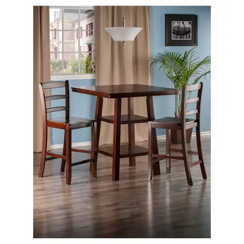 Ensemble de salle à manger 3 pièces Orlando avec 2 étagères, hauteur de comptoir Bois/Noyer - Winsome : Table de petit-déjeuner, design haut
