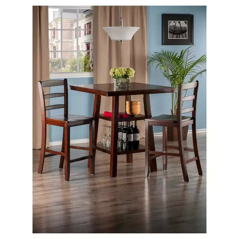 Ensemble de salle à manger 3 pièces Orlando avec 2 étagères, hauteur de comptoir Bois/Noyer - Winsome : Table de petit-déjeuner, design haut