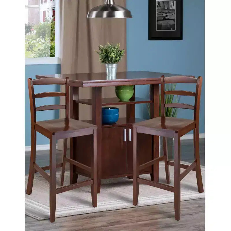 Ensemble de salle à manger 3 pièces Albany de hauteur comptoir Winsome avec tabourets à dossier échelle Noyer : Style traditionnel, table rectangulaire 4 places