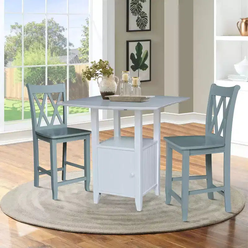 Ensemble de salle à manger avec table de bistrot à double abattant et 2 tabourets de bar à hauteur de comptoir à dossier croisé double Blanc/Chalk Antiqued - International Concepts : 3 pièces