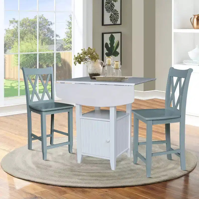 Ensemble de salle à manger avec table de bistrot à double abattant et 2 tabourets de bar à hauteur de comptoir à dossier croisé double Blanc/Chalk Antiqued - International Concepts : 3 pièces