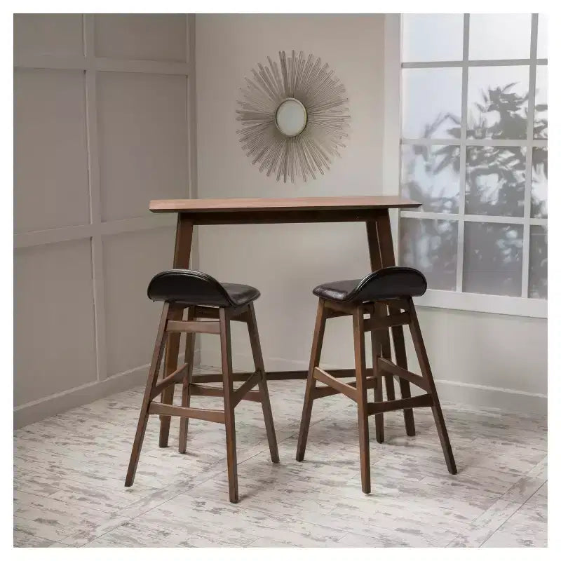 Christopher Knight Home Ensemble de salle à manger 3 pièces Moria 42" hauteur bar Noyer naturel : style scandinave, tabourets en similicuir