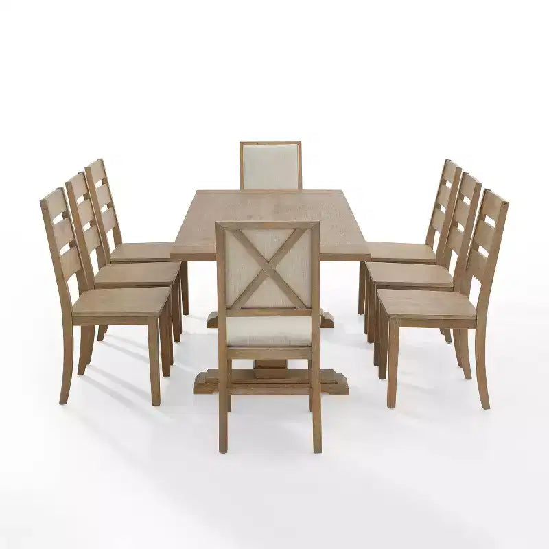 Ensemble de salle à manger 9 pièces Joanna avec 6 chaises à dossier échelle et 2 chaises à dossier rembourré Marron rustique - Crosley
